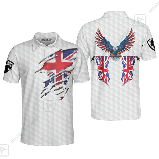 United Kingdom Eagle Flag Polo Shirt, Golf Pattern Ripped Great Britain Jack Polo Shirt, UK Golf Polo Shirt