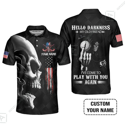 Personalized Golf T-Shirt - Custom Name Skull Shirt, Golf American Flag Hello Darkness My Old Friend T-Shirt