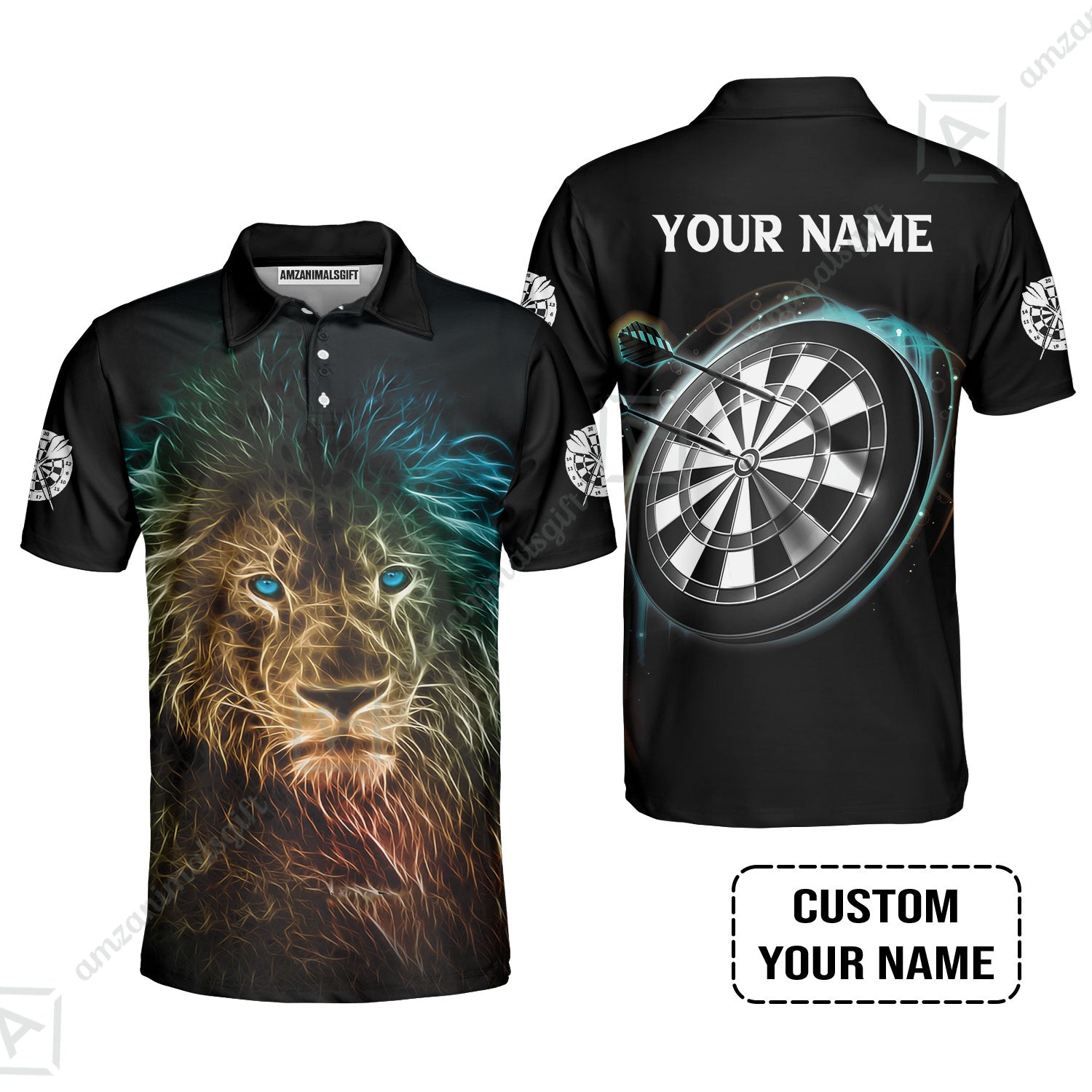 Customized Name Darts Polo Shirt, Blue Bullseye Dartboard Personalized Lion And Darts Polo Shirt