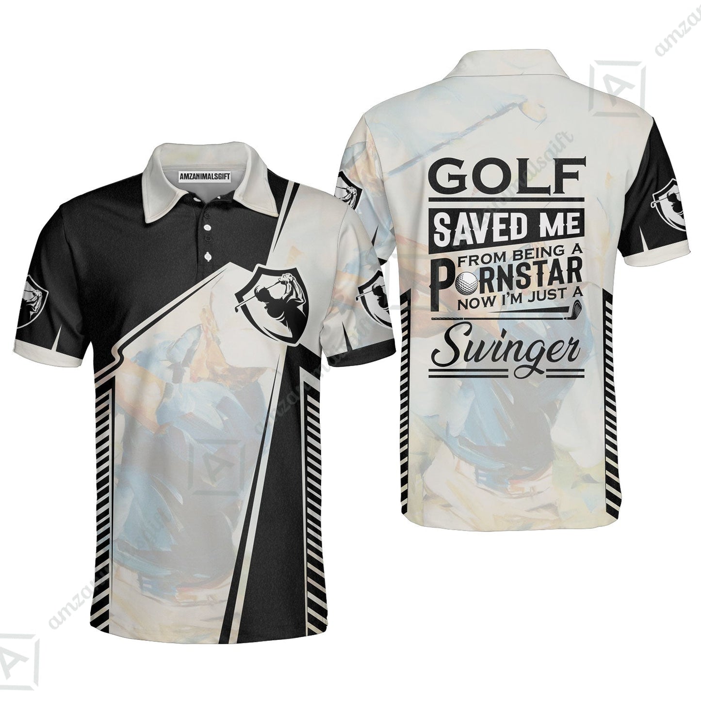 Black And White Zip Polo Shirt, Golf Saved Me Golfing Zip Polo Shirt