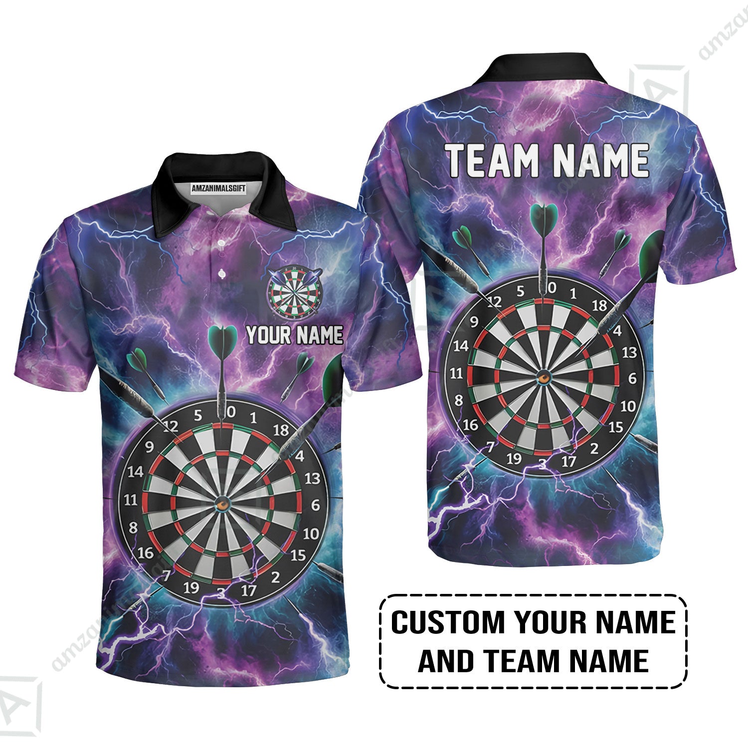 Personalized Darts Men Polo Shirt - Custom Name & Team Name Purple Thunder Lightning Polo Shirt