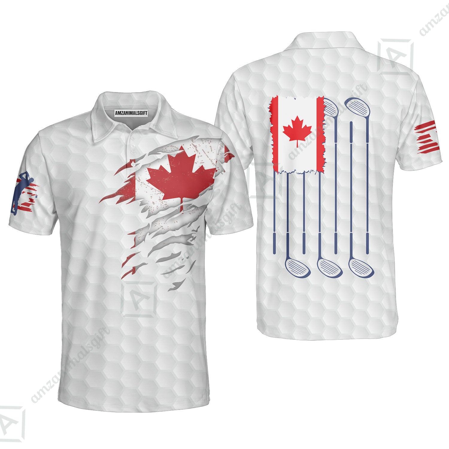 Golf Canada Flag Short Sleeve Polo Shirt, Red Maple Leaf Golfing Shirt, Canadian Golf Polo Shirt