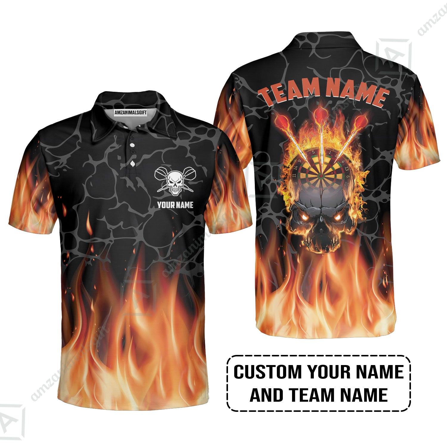 Personalized Darts Men Polo Shirt - Custom Name & Team Name Orange Flame Skull Darts Polo Shirt