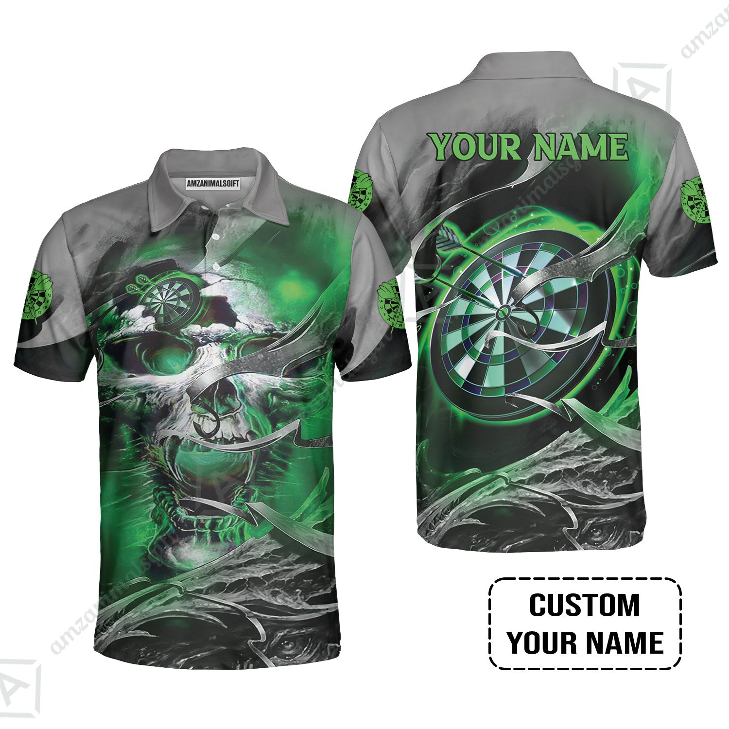 Customized Name Darts Polo Shirt, Green Skull Light Dartboard Personalized Polo Shirt