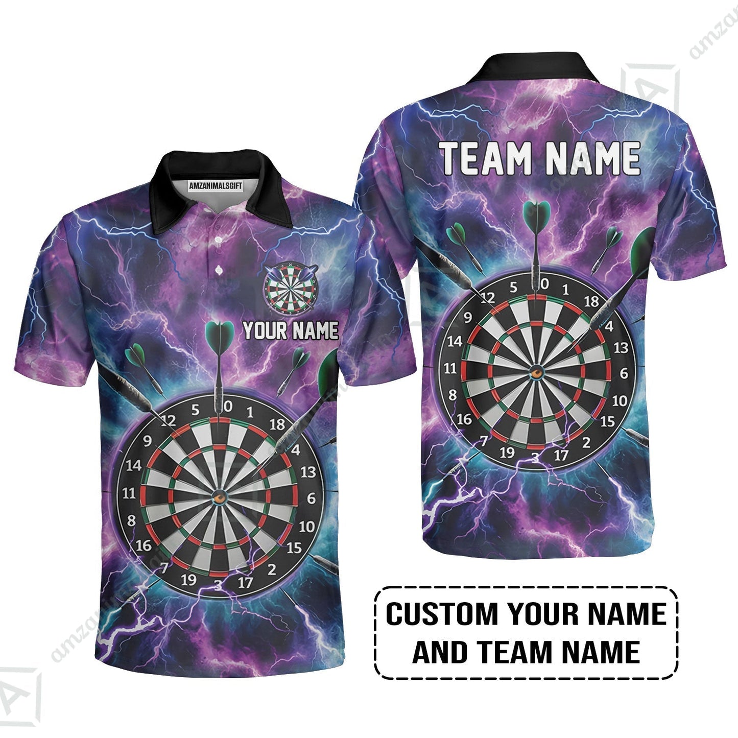 Personalized Darts Zip Polo Shirt - Custom Name & Team Name Purple Thunder Lightning Zip Polo Shirt