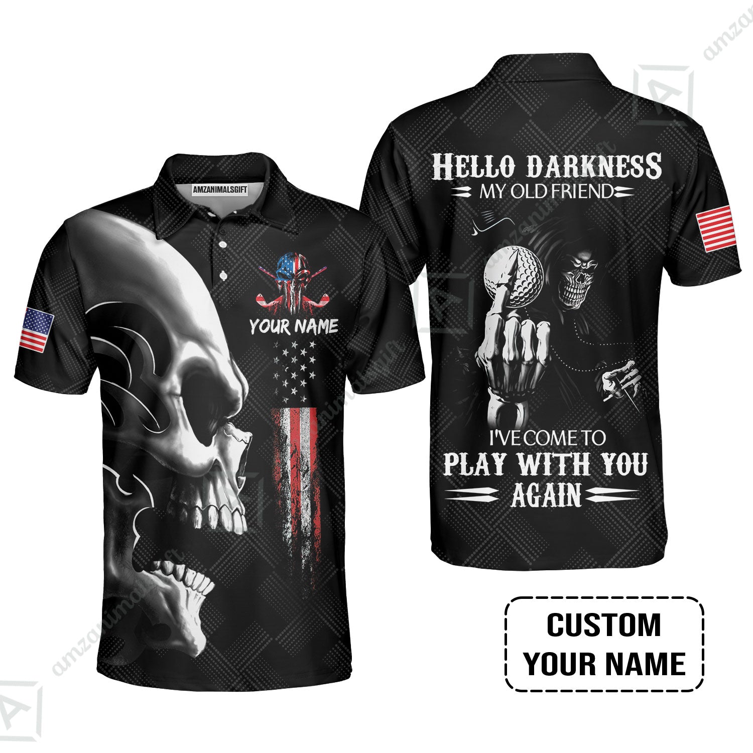 Personalized Golf Men Polo Shirt - Custom Name Skull Shirt, Golf American Flag Hello Darkness My Old Friend Men Polo Shirt