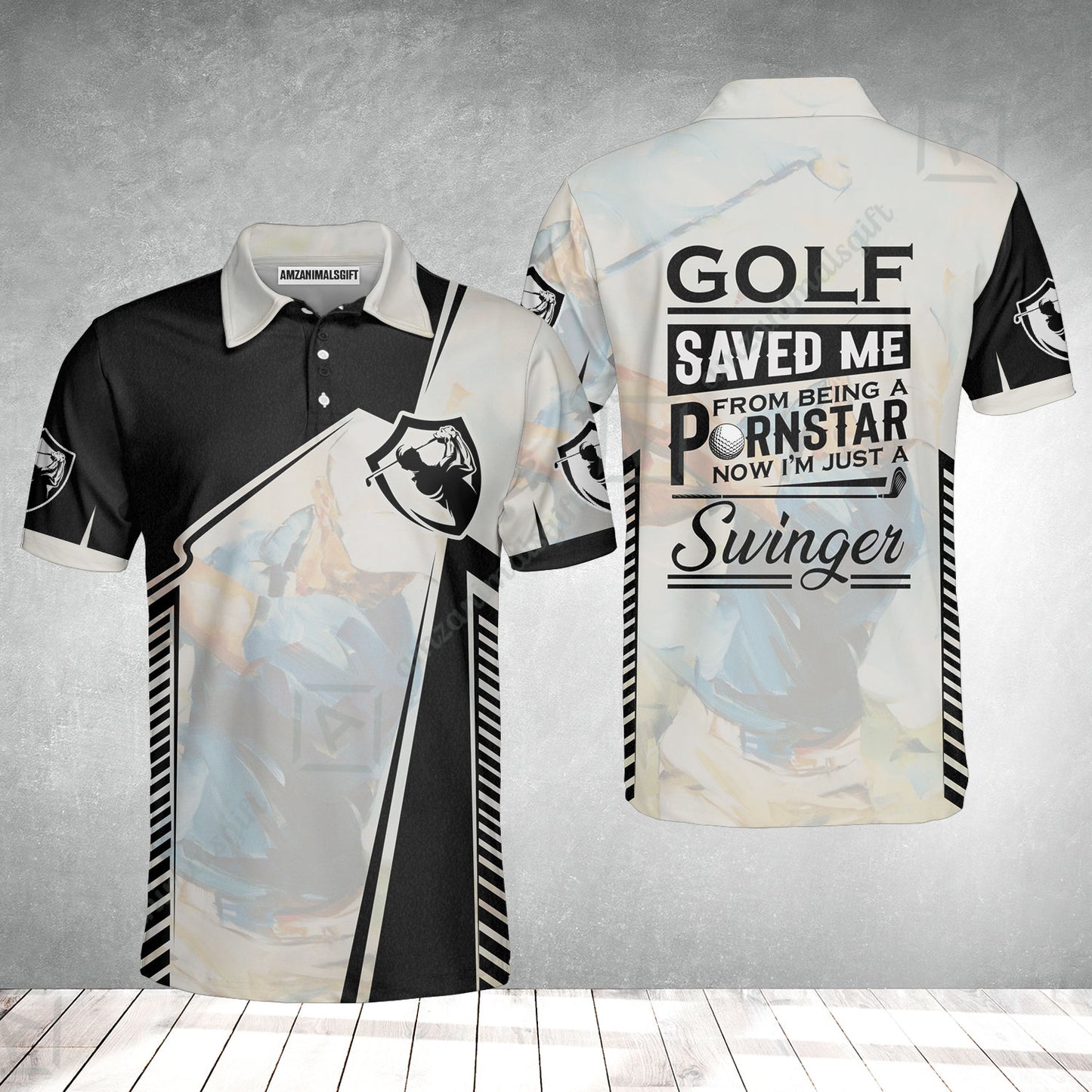 Black And White Men Polo Shirt, Golf Saved Me Golfing Polo Shirt