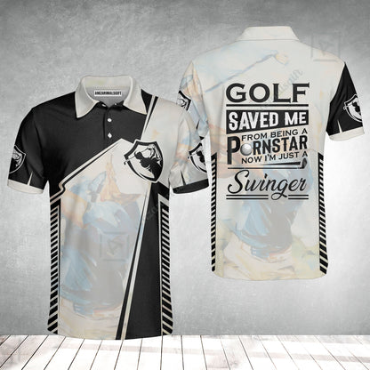 Black And White Men Polo Shirt, Golf Saved Me Golfing Polo Shirt