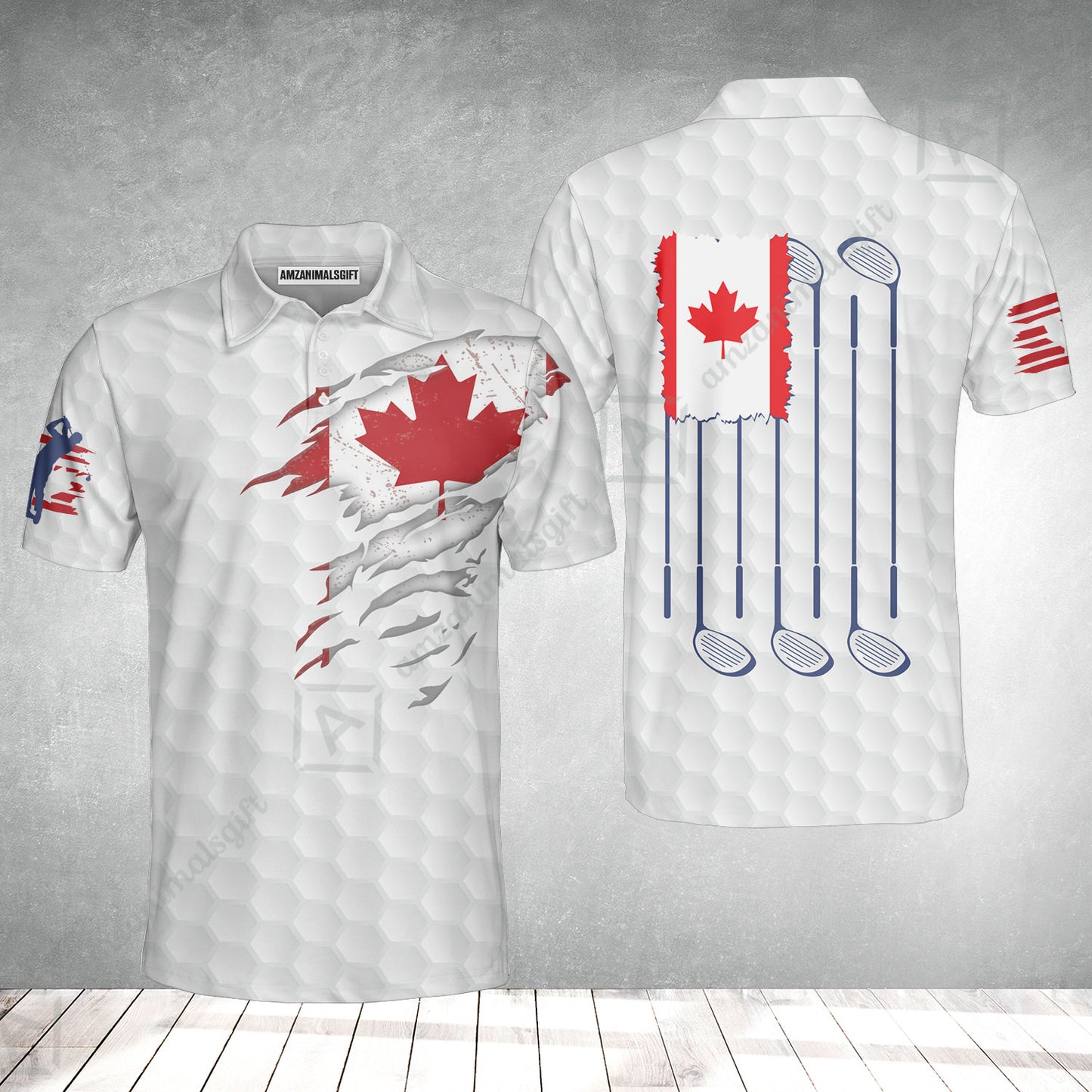 Golf Canada Flag Short Sleeve Polo Shirt, Red Maple Leaf Golfing Shirt, Canadian Golf Polo Shirt