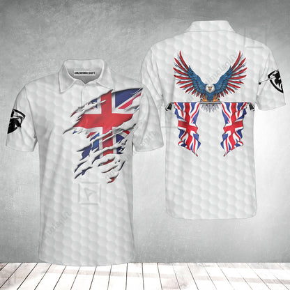 United Kingdom Eagle Flag Polo Shirt, Golf Pattern Ripped Great Britain Jack Polo Shirt, UK Golf Polo Shirt