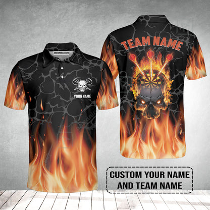 Personalized Darts Men Polo Shirt - Custom Name & Team Name Orange Flame Skull Darts Polo Shirt