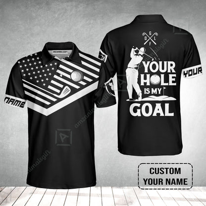 Custom Golf Polo Shirt - Your Hole Is My Goal Custom Name Black American Flag Men Polo Shirt