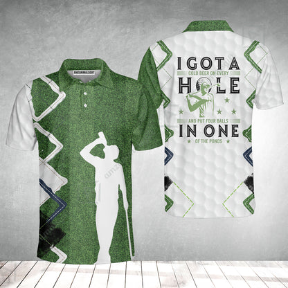 Men Golf Polo Shirt - Green Argyle Golf Men Polo Shirt, I Got A Cold Beer On Every Hole In One Men Golf Polo Shirt