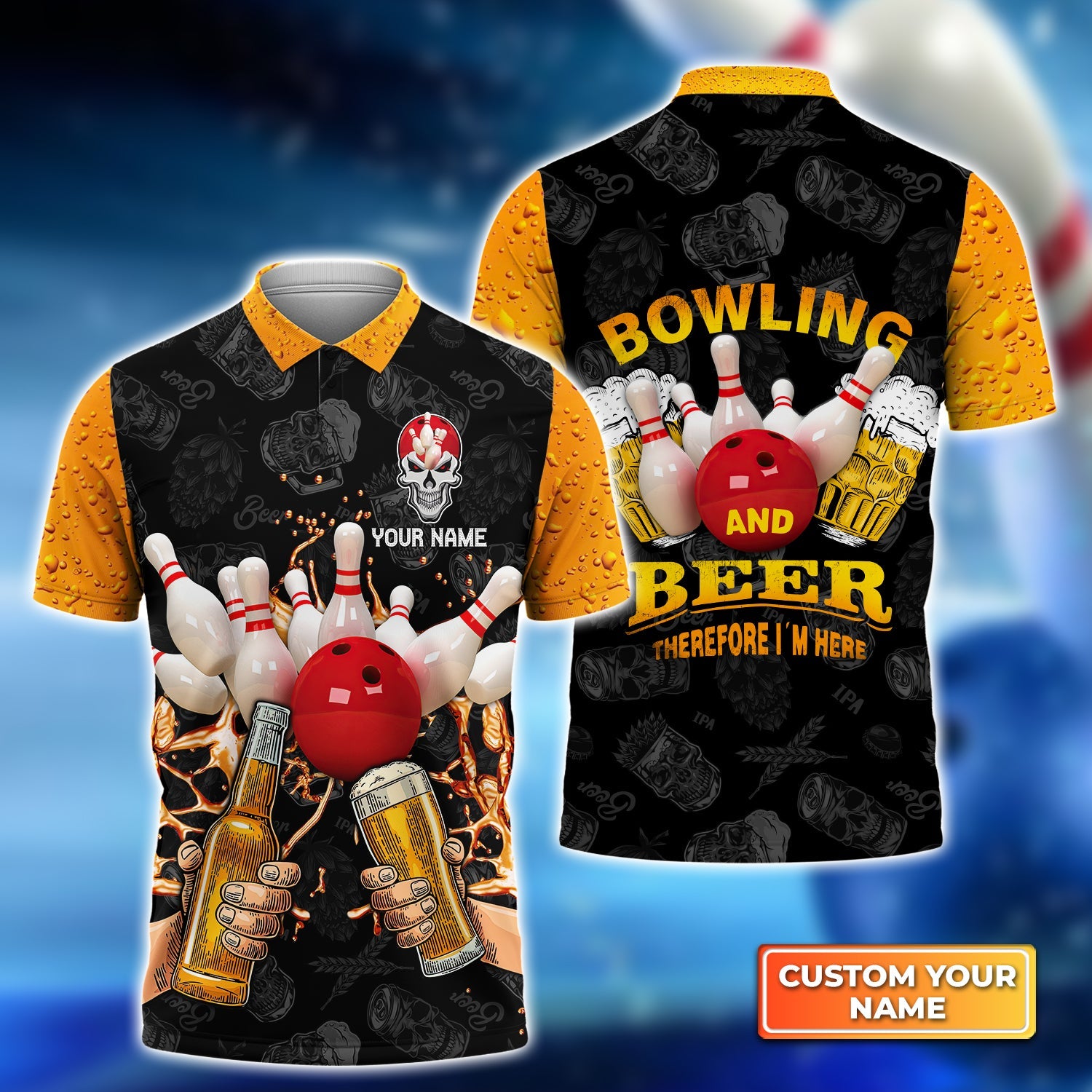 Bowling Custom Men Polo Shirt - Custom Name Bowling and Beer Therefore I'm Here Personalized Bowling Polo Shirt - Perfect Gift For Friend, Family