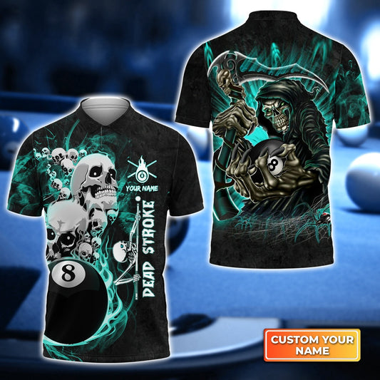Custom Name Billiard Men Polo Shirt, Skull Grim Reaper Personalized 8 Ball Pool Billiards Polo Shirts, Gift For Men, Billiard Lovers, Billiard Players