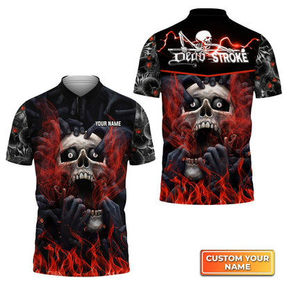 Custom Name Billiard Men Polo Shirt, Dead Stroke Skull On Fire Personalized 8 Ball Pool Billiards Polo Shirts, Gift For Billiard Lovers, Players