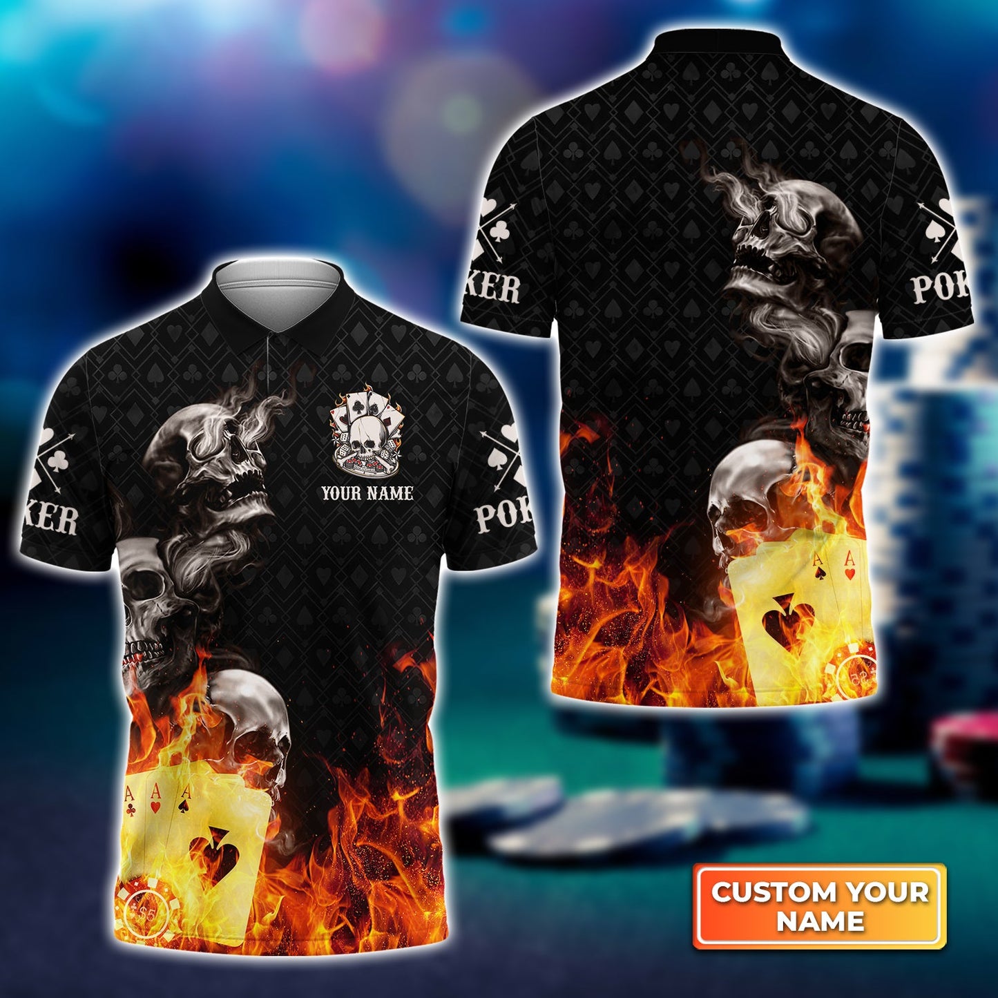 Customized Poker Shirt, Poker Four Of A Kind Aces Skull On Fire Shirts, Perfect Outfit For Poker Players