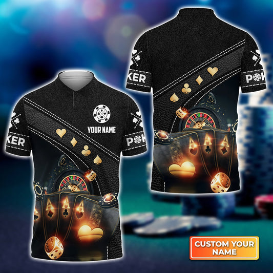 Customized Poker Shirt, Poker Quad Aces Black Leather Shirts, Perfect Outfit For Poker Players
