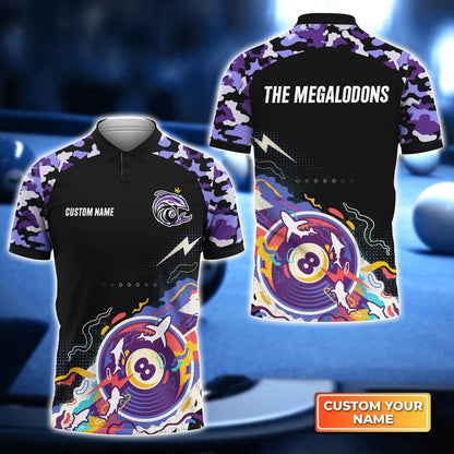 Custom Name Billiard Men Polo Shirt, THE MEGALODONS Team Personalized 8 Ball Pool Billiards Polo Shirts, Gift For Billiard Lovers, Billiard Players