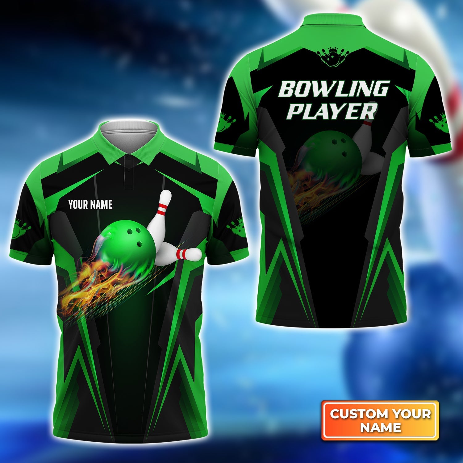 Bowling Custom Men Polo Shirt - Custom Name The Green Bowling Ball in Flames Breaks White Skittles Personalized Bowling Polo Shirt - Perfect Gift For Friend, Family