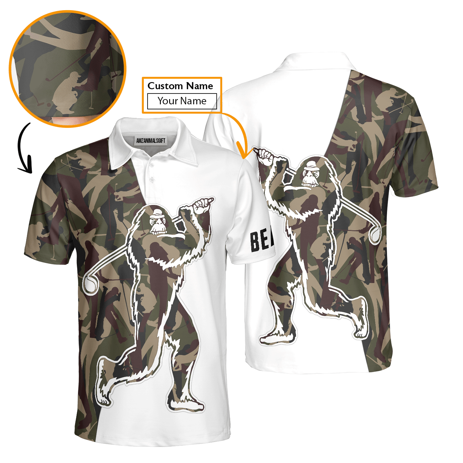 Custom Golf Men Polo Shirt - Funny Bigfoot Golf Polo Shirts, Camo Pattern Custom Name Sasquatch Playing Golf Apparel
