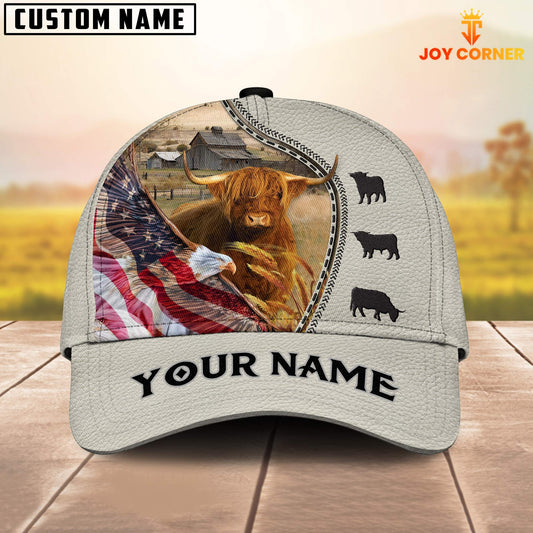 Customized Highland Cattle Caps Hat, Highland Cow Patriotic Eagle White Caps, Best Hat For Men Women July 4th