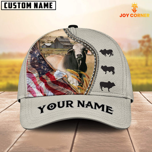 Customized Brahman  Cattle Caps Hat, Brahman Cow Patriotic Eagle White Caps, Best Hat For Men Women July 4th