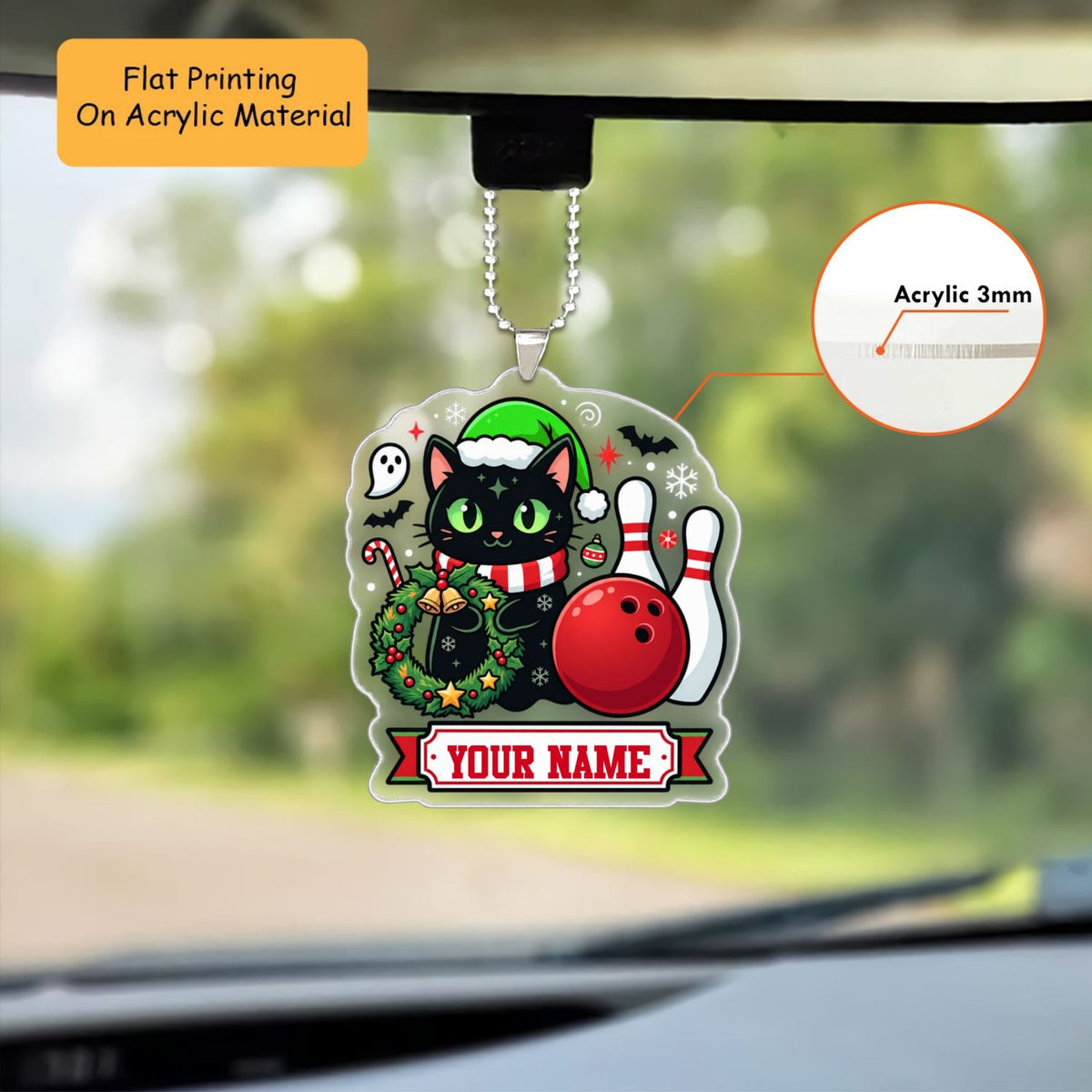Personalized Bowling Cat Christmas Ornament, Spooky Black Cat With Bowling Ball, Custom Ornament Christmas Gift, Keychain Bowling, Car Ornament Bowling