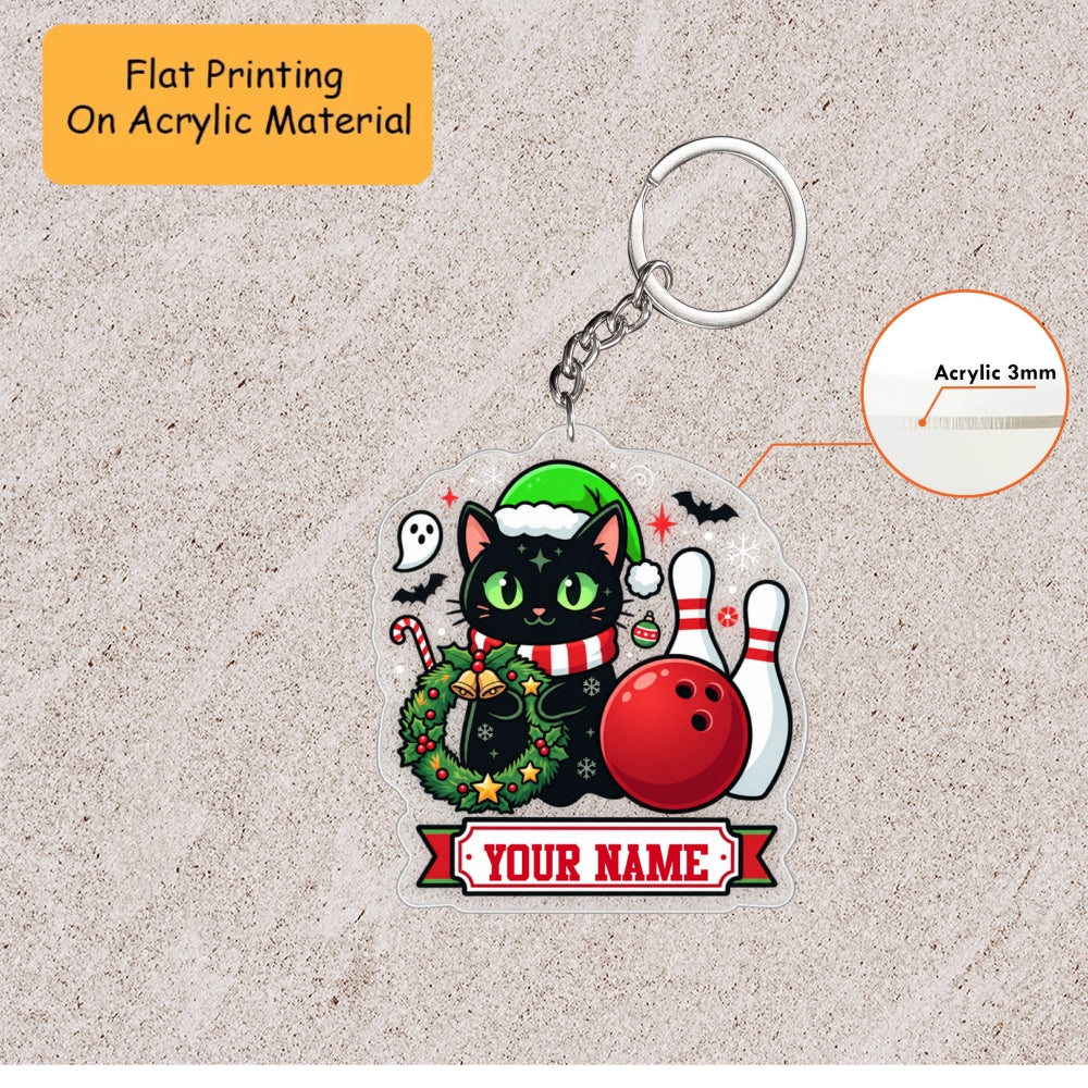 Personalized Bowling Cat Christmas Ornament, Spooky Black Cat With Bowling Ball, Custom Ornament Christmas Gift, Keychain Bowling, Car Ornament Bowling