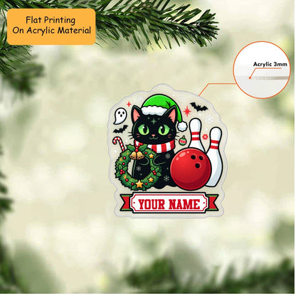 Personalized Bowling Cat Christmas Ornament, Spooky Black Cat With Bowling Ball, Custom Ornament Christmas Gift, Keychain Bowling, Car Ornament Bowling