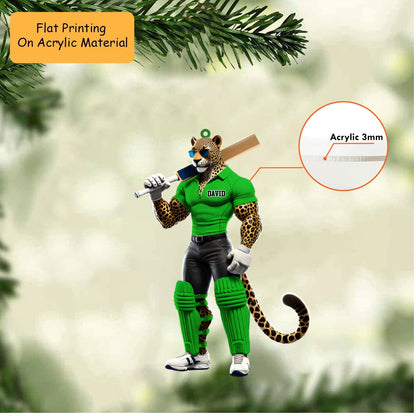 Personalized Cricket Christmas Ornament, Muscular Leopard Cricket Mascot, Custom Ornament Christmas Gift, Keychain Bowling, Car Ornament Bowling