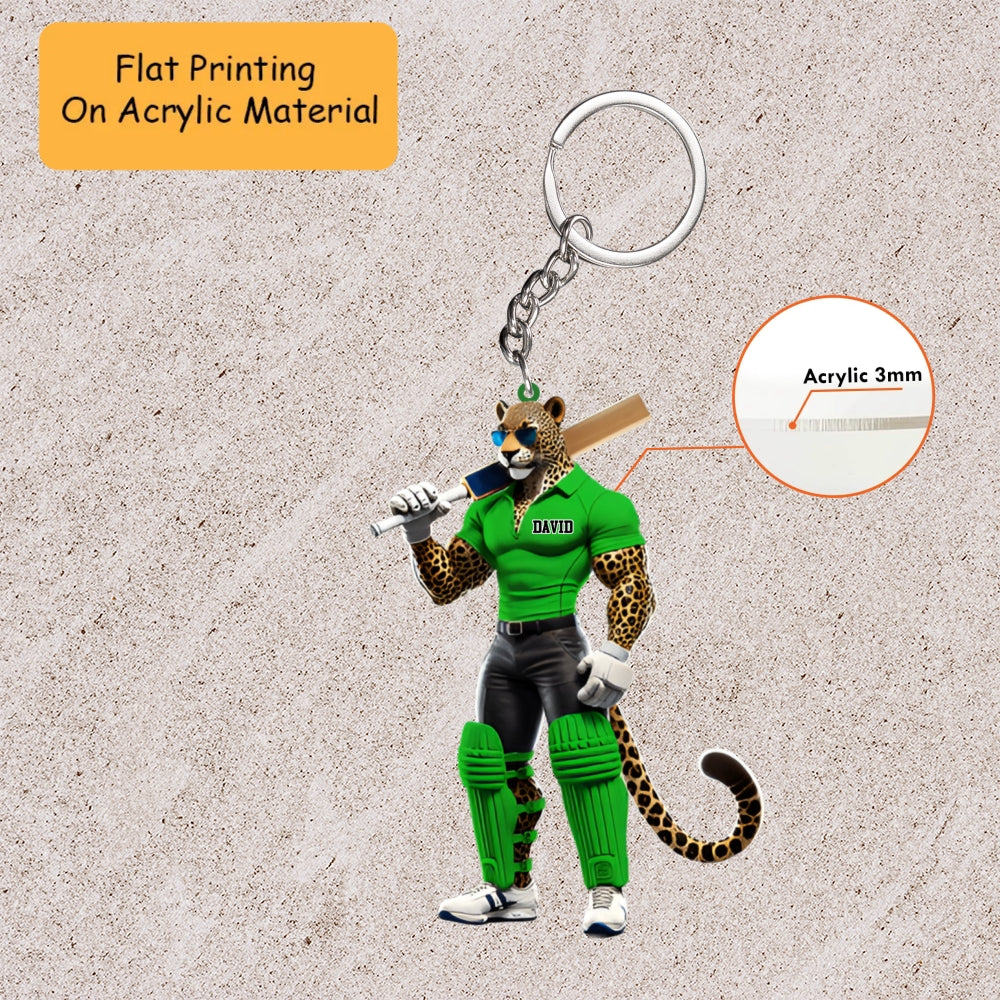 Personalized Cricket Christmas Ornament, Muscular Leopard Cricket Mascot, Custom Ornament Christmas Gift, Keychain Bowling, Car Ornament Bowling