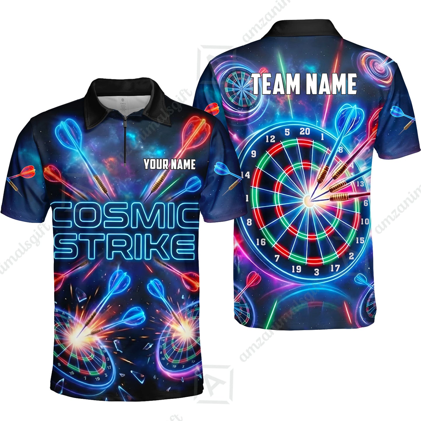 Custom Darts Team Jersey, Personalized Neon Galaxy Strike Darts Polo Shirt For Players With Name & Team Name