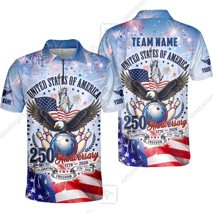 Custom Bowling Jersey Polo Shirt, 250 Years Anniversary USA, Personalize Name and Team Name