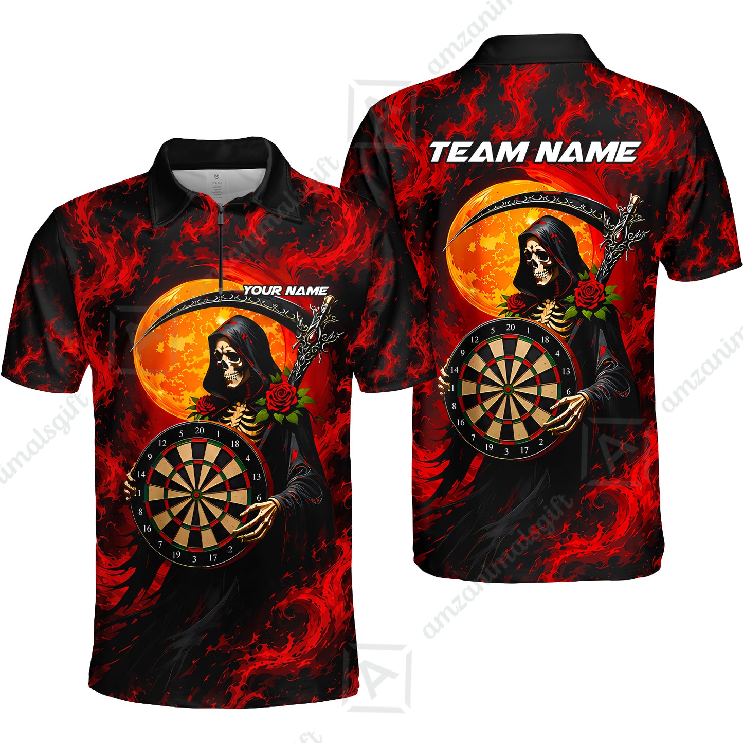 Customized Grim Reaper Holding Dartboard In Moonlight Halloween Darts Jersey, Personalized Name And Team Name For Players