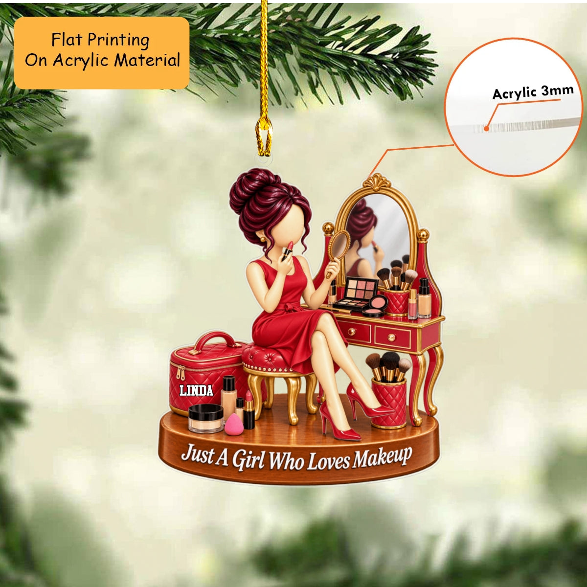 Personalized Makeup Lover Christmas Flat Printed Acrylic Ornament, Vanity Table Setup, Custom Ornament Christmas Gift, Keychain Makeup Lover, Car Ornament Makeup Lover