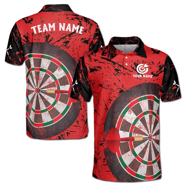 Red Dartboard Pattern Custom Darts Team Jersey Polo Quarter-Zip Shirts, Customized Name Team Name Darts Team Jerseys Uniform