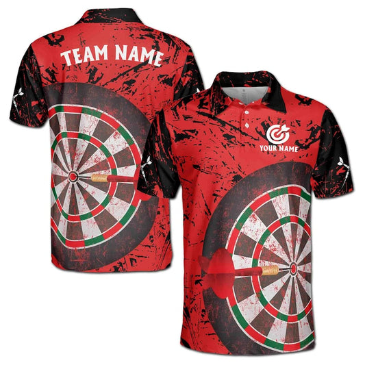 Red Dartboard Pattern Custom Darts Team Jersey Polo Quarter-Zip Shirts, Customized Name Team Name Darts Team Jerseys Uniform