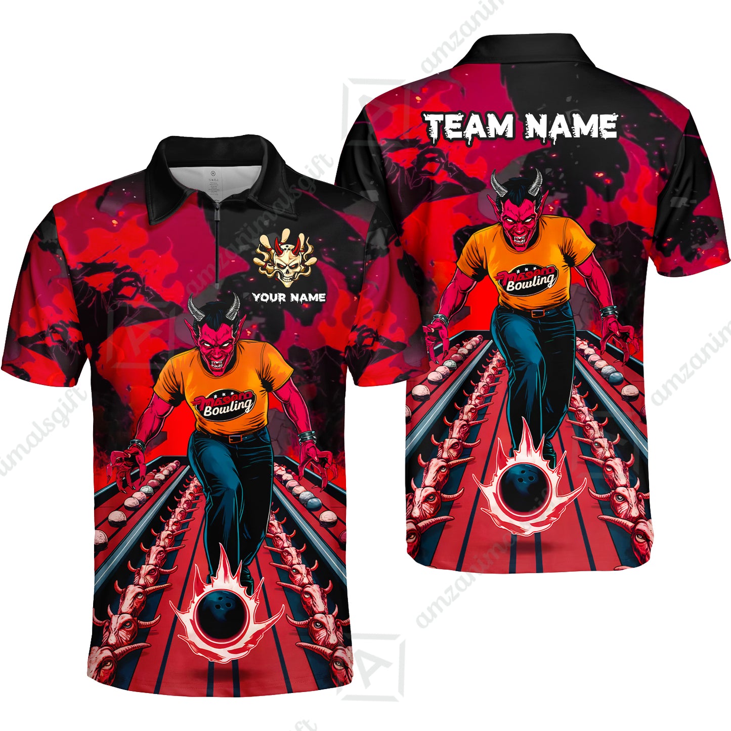 Custom Bowling Team Uniform Jersey Red Demon Bowling Shirt - Bowling Shirt Personalized Name And Team Name