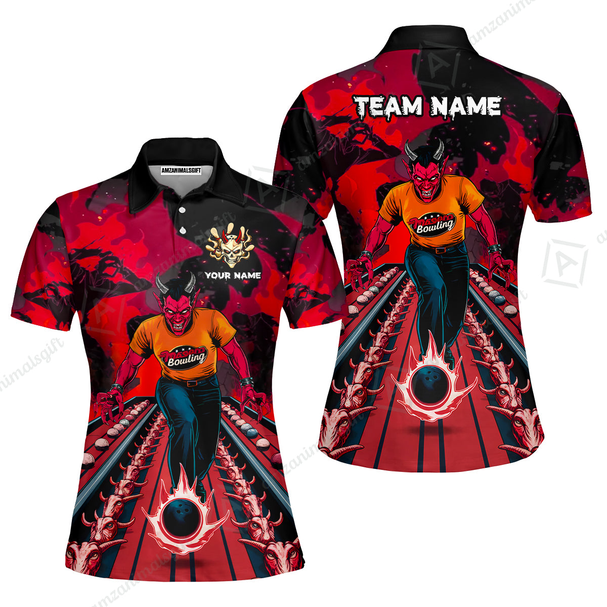 Custom Bowling Team Uniform Jersey Red Demon Bowling Shirt - Bowling Shirt Personalized Name And Team Name