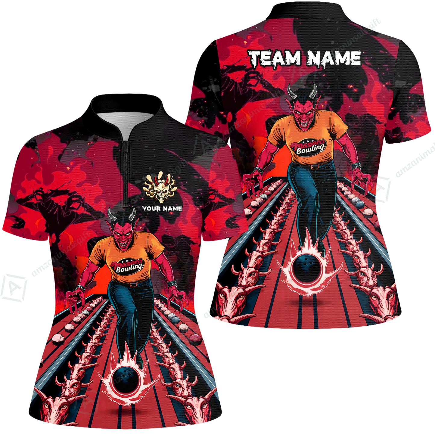 Custom Bowling Team Uniform Jersey Red Demon Bowling Shirt - Bowling Shirt Personalized Name And Team Name
