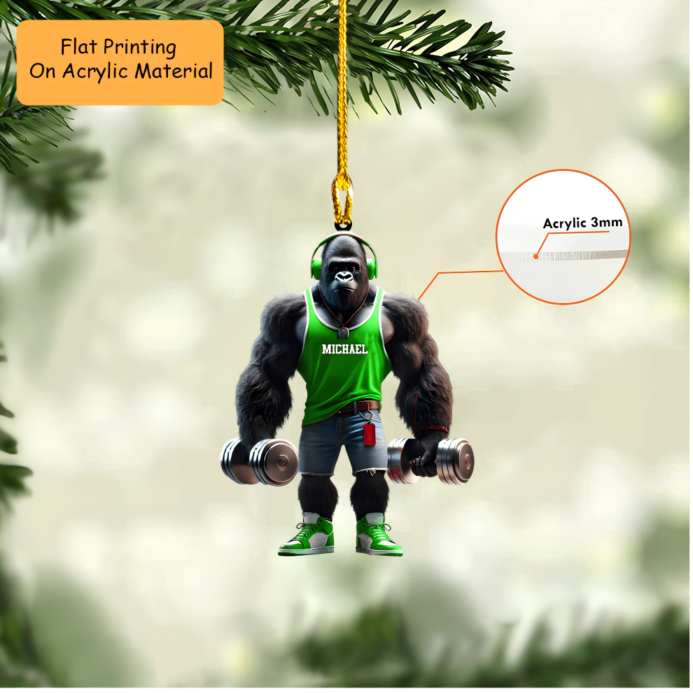 Personalized Gym Christmas Ornament, Muscular Gorilla With Dumbbells, Custom Ornament Christmas Gift, Keychain Gym, Car Ornament Gym