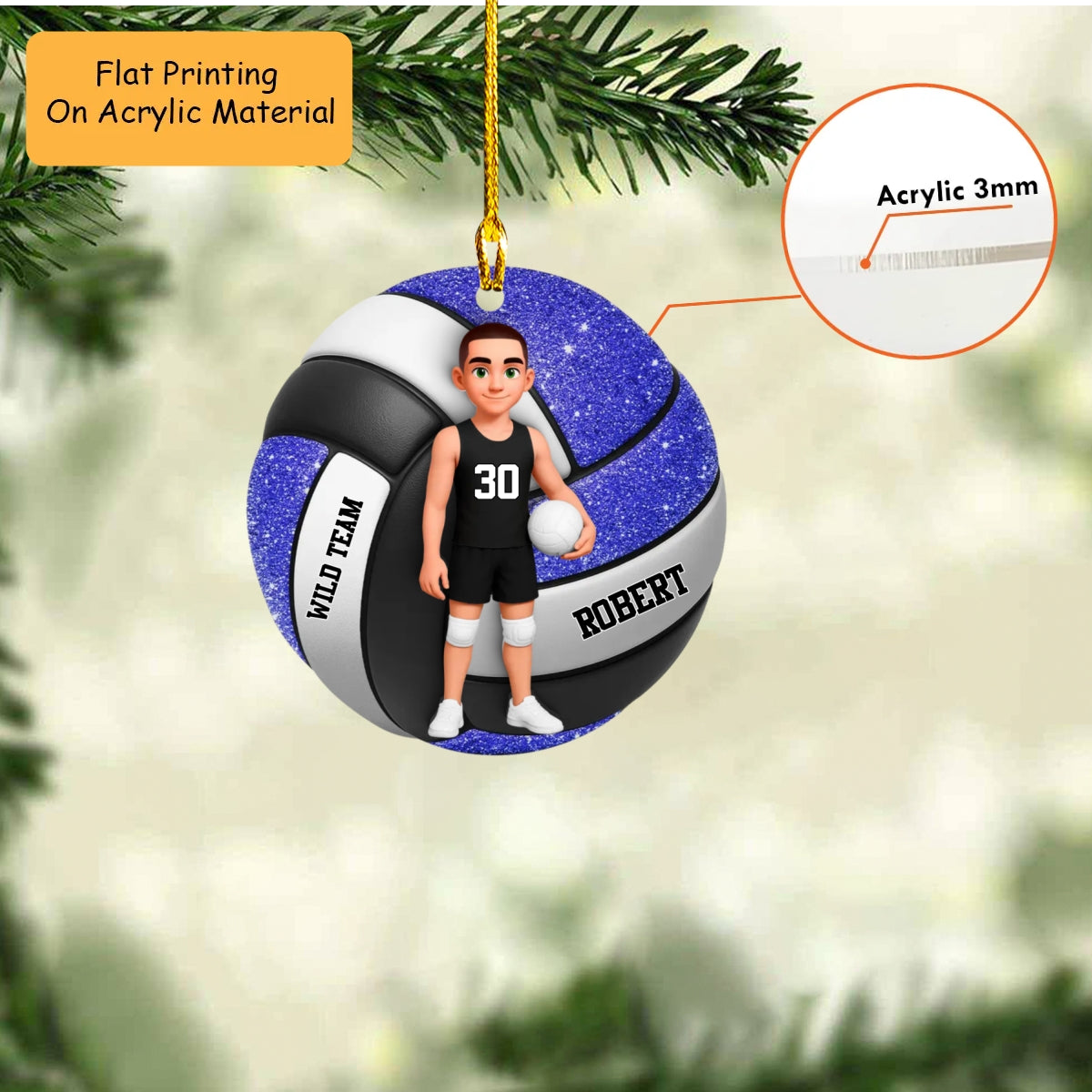Personalized Volleyball Christmas Ornament, Male Player On Glitter Volleyball Background, Custom Ornament Christmas Gift, Keychain Volleyball, Car Ornament Volleyball