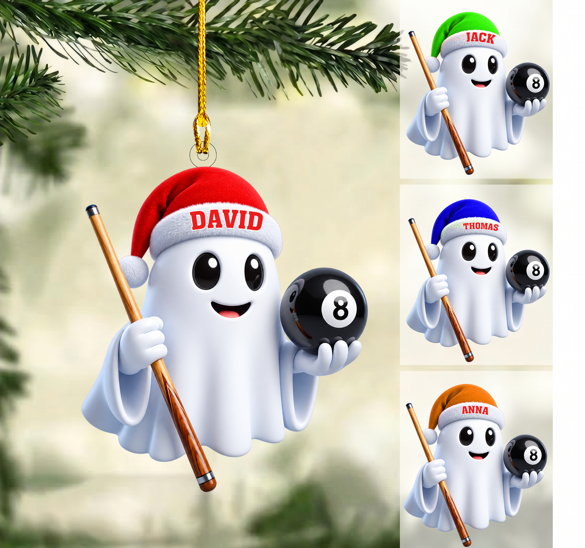 Personalized Billiards Christmas Ornament, Cute Ghost Holding 8 Ball And Cue, Custom Ornament Christmas Gift, Keychain Billiards, Car Ornament Billiards