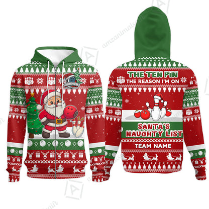 Custom Christmas Bowling Santa Bowling Team Jerseys Polo Shirts, Santa's Naughty List uniforms - Personalized Name And Team Name