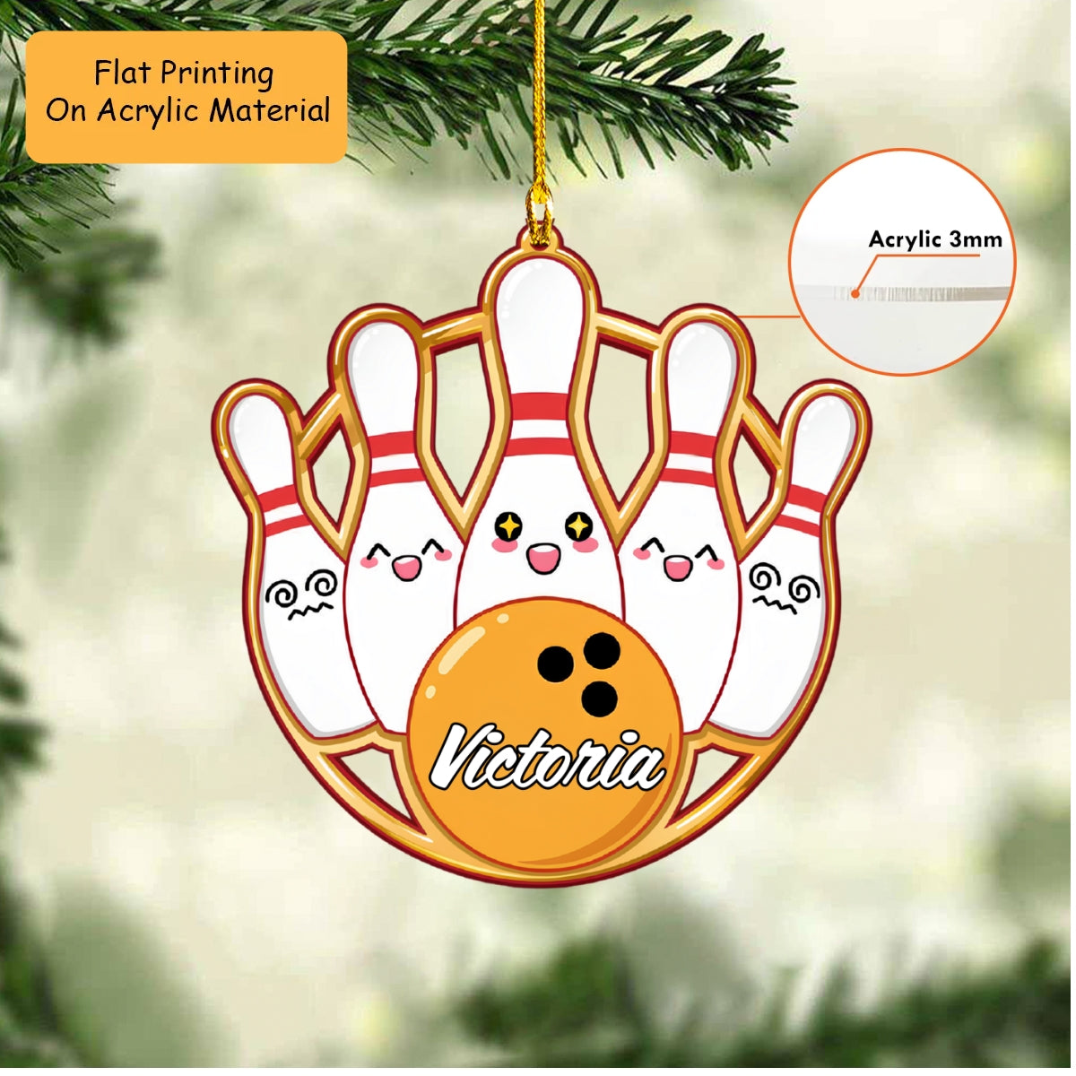 Personalized Bowling Christmas Ornament, Happy Bowling Pins, Custom Ornament Christmas Gift, Keychain Bowling, Car Ornament Bowling