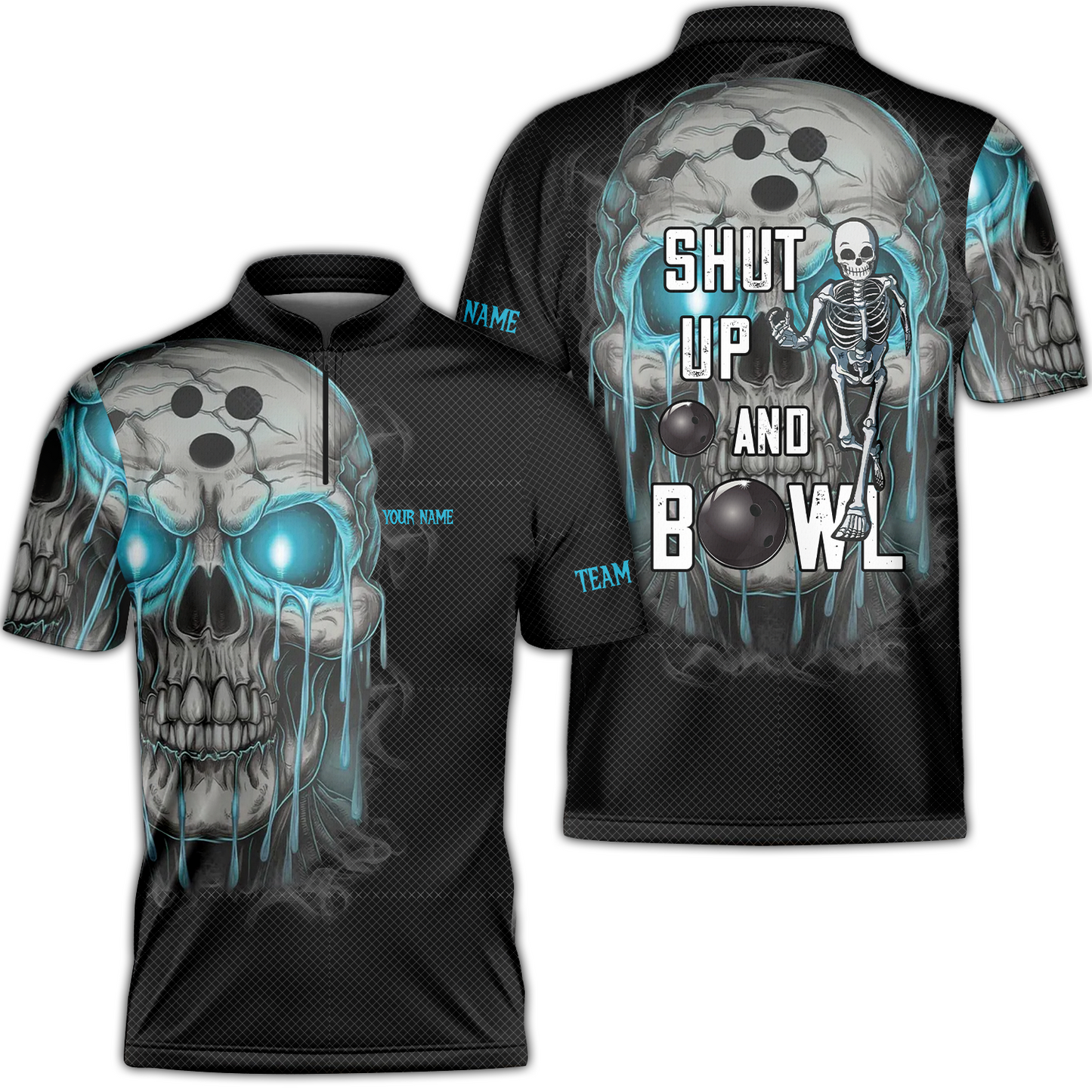 Custom Bowling Team Uniform Skull Flame Bowling Shirt - Shut Up And Bowl, Personalized Name And Team Name