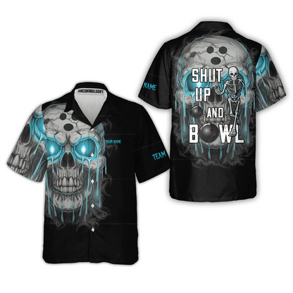 Custom Bowling Team Uniform Skull Flame Bowling Shirt - Shut Up And Bowl, Personalized Name And Team Name