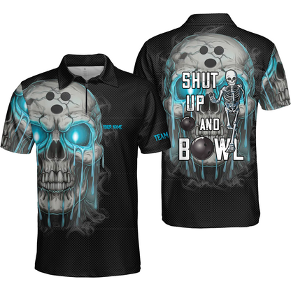 Custom Bowling Team Uniform Skull Flame Bowling Shirt - Shut Up And Bowl, Personalized Name And Team Name