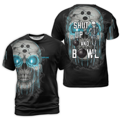 Custom Bowling Team Uniform Skull Flame Bowling Shirt - Shut Up And Bowl, Personalized Name And Team Name